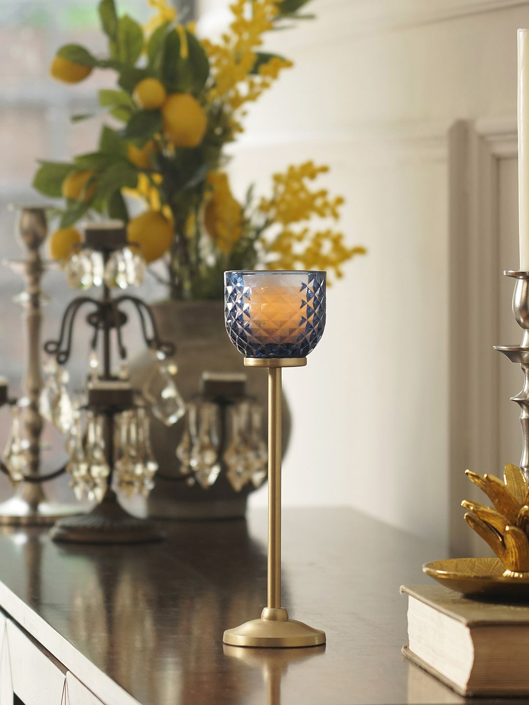 Pure Home and Living Blue & Gold-Toned Diamond Texture Candle Holder With Stand