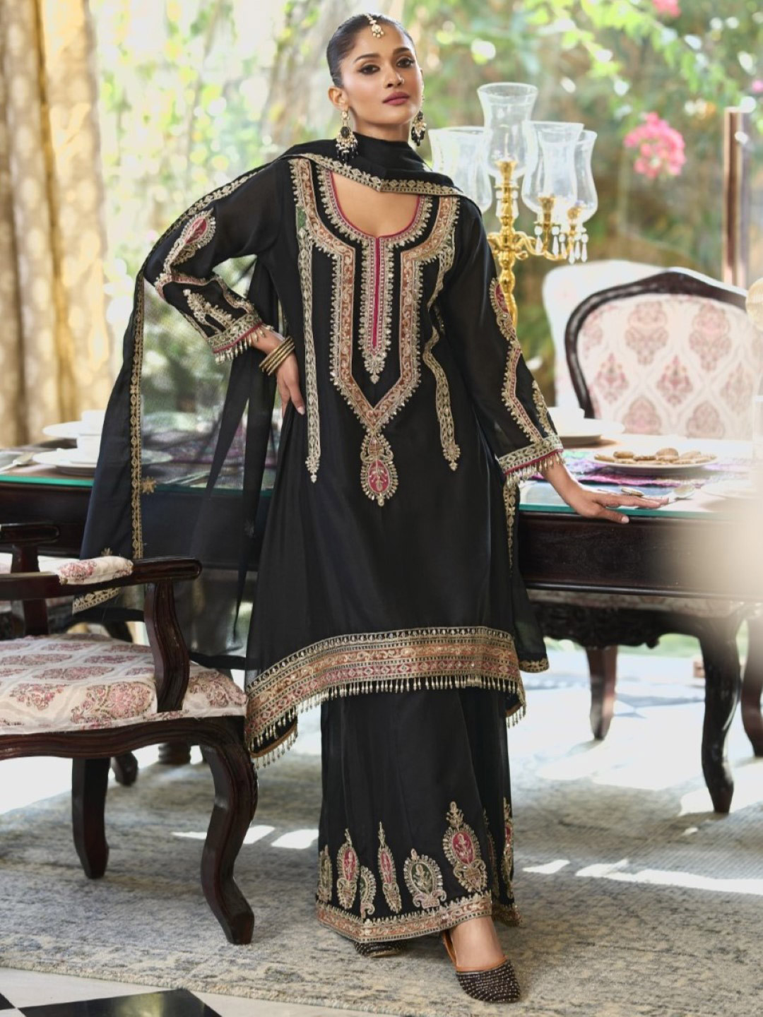 AUTUMN LANE Women Onyx Full Work Heavy Gharara set