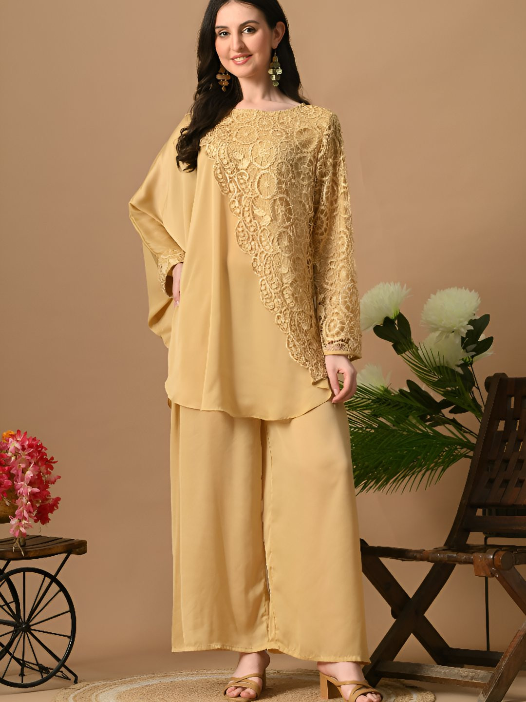 Demure by shiba Women Solid Embroidered Kaftan Kurta with Palazzos