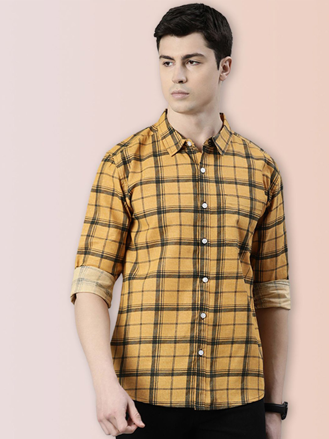 Broon Men Checked Spread Collar Cotton Casual Shirt