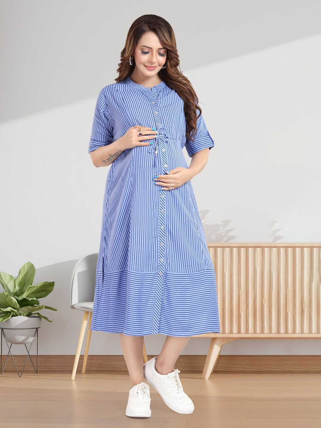 MomsBae Women Maternity Striped Mandarin Collar A-Line Midi Dress