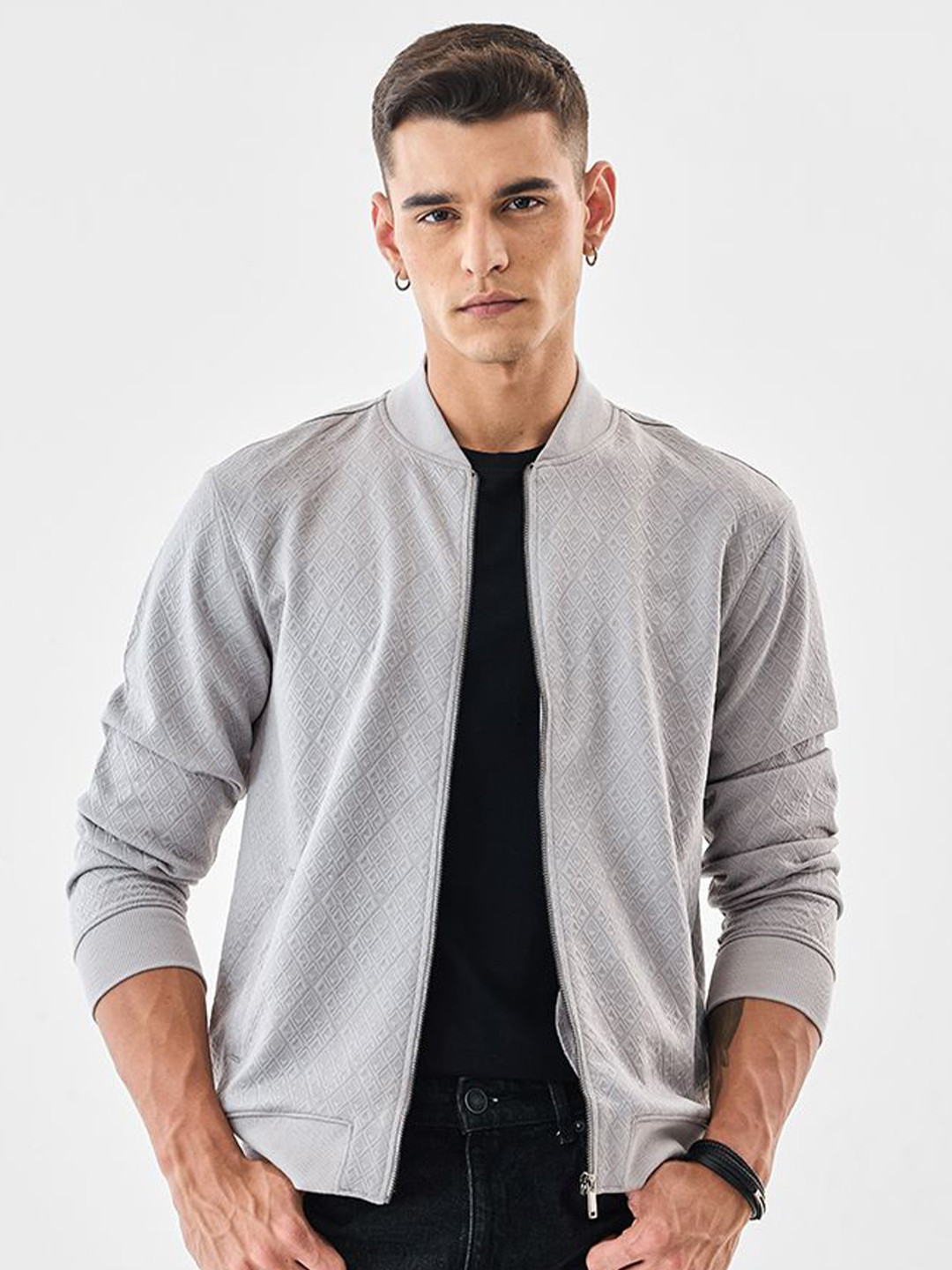 Snitch Men Stand Collar Self Design Lightweight Bomber Jacket