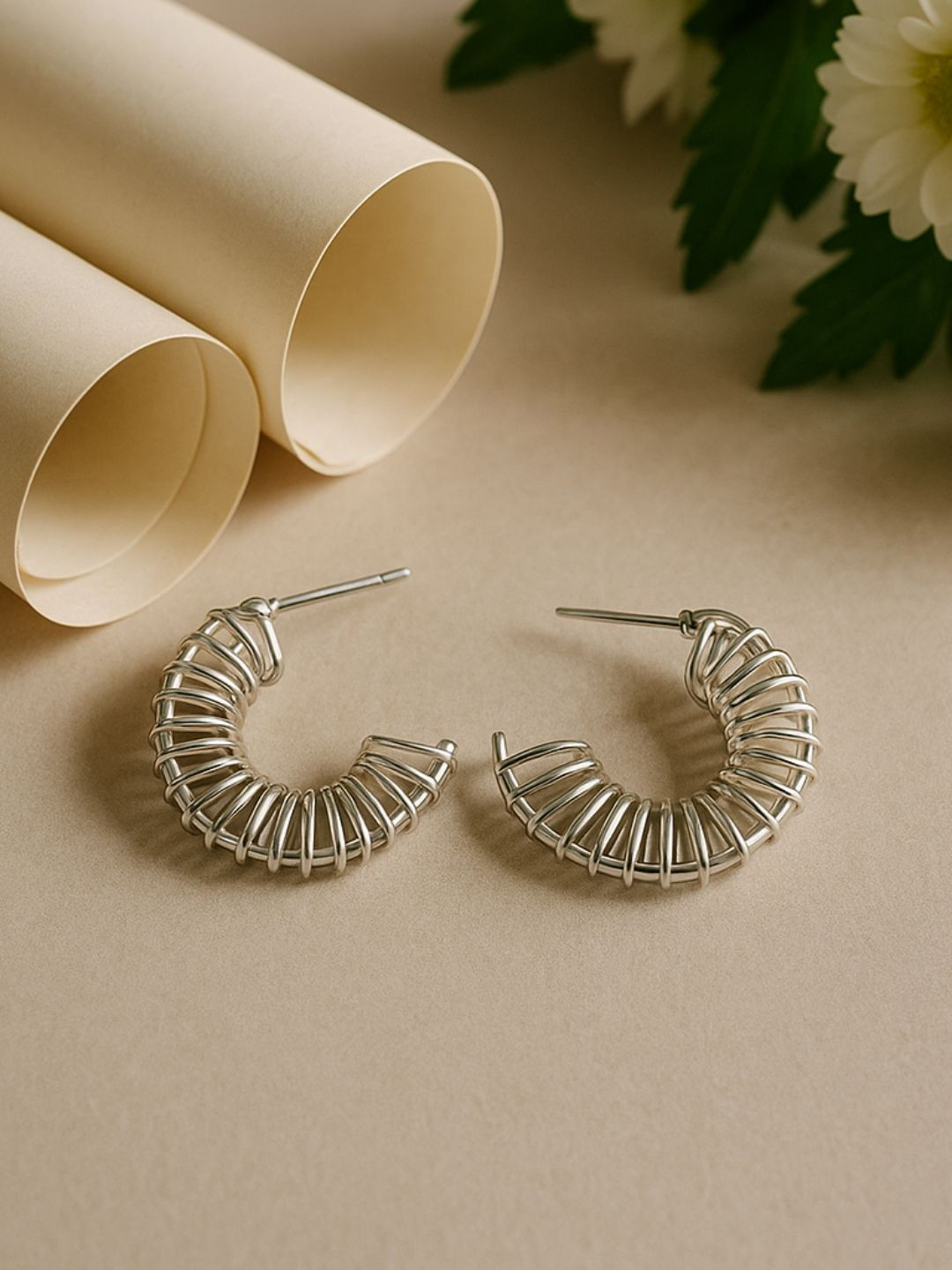 The Jewellery Tale Stainless Steel Silver Plated Semi Circular Shaped Half Hoops Earrings