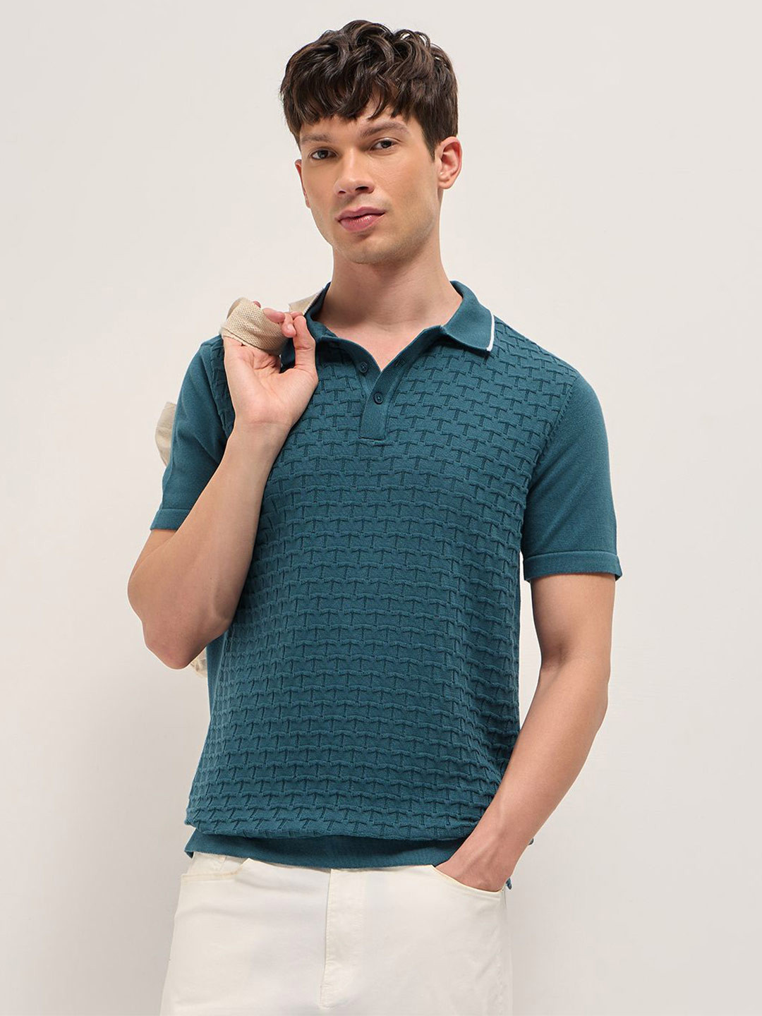 THE BEAR HOUSE Men Checked Textured Flat Knit Polo Collar Pure Cotton T-shirt