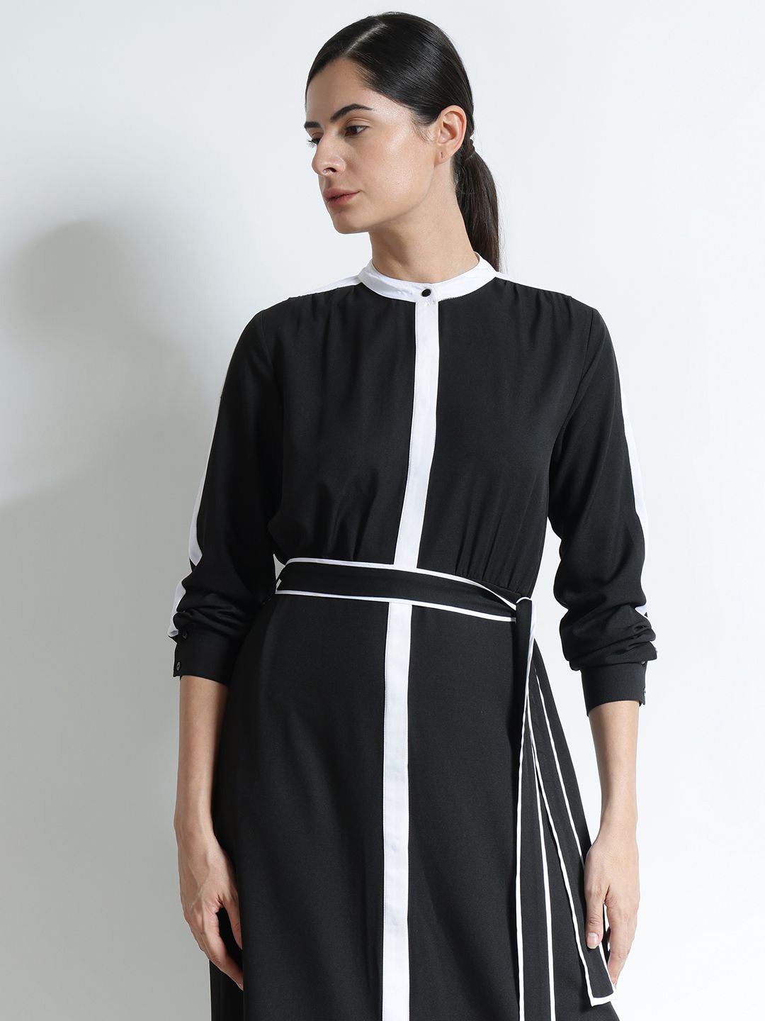 FableStreet Women Colourblocked Long Sleeves Fit and Flare Midi Dress Comes with a belt