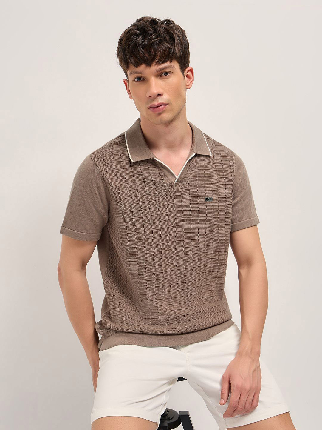 THE BEAR HOUSE Men Checked Textured Flat Knit Polo Collar Pure Cotton T-shirt
