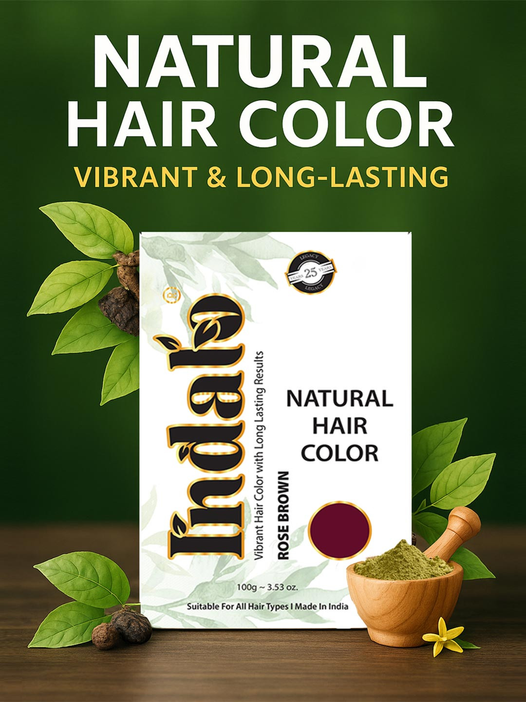 INDALO No Ammonia Natural Hair Colour for Conditioning Hair Growth - Rose Brown 100 g