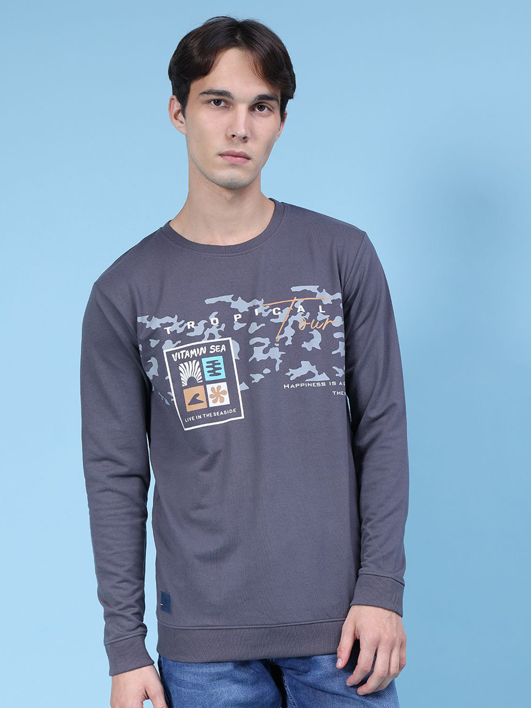 V-Mart Men Graphic Printed Round Neck Loop Knit Pullover Casual Sweatshirt