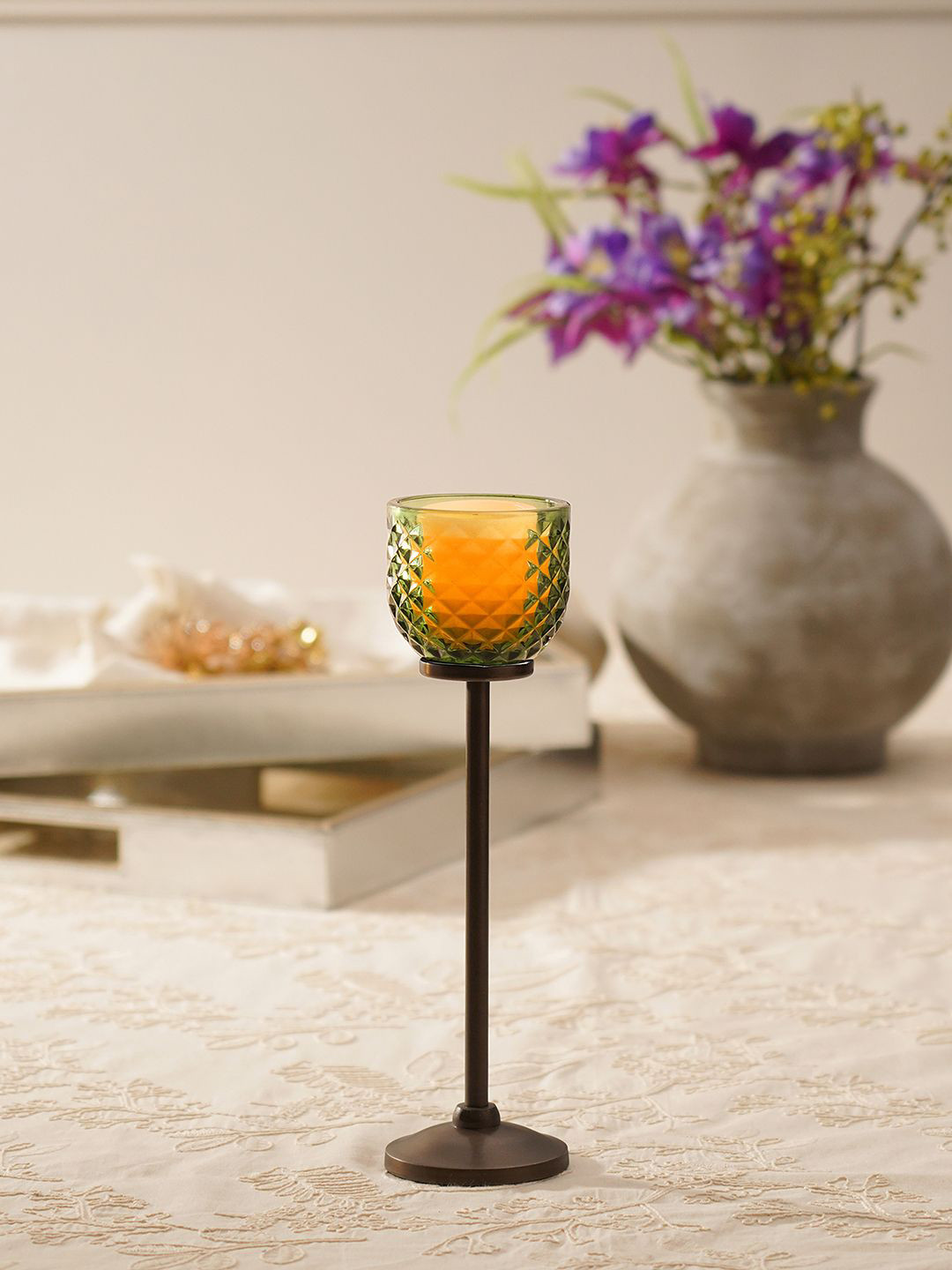 Pure Home and Living Green & Black Diamond Texture Candle Holder With Stand