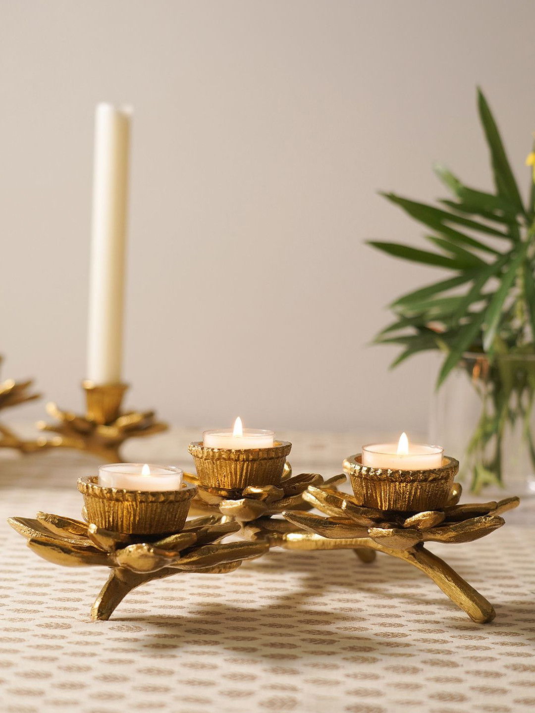 Pure Home and Living Gold-Toned 3 Arm Flower Candle Holder