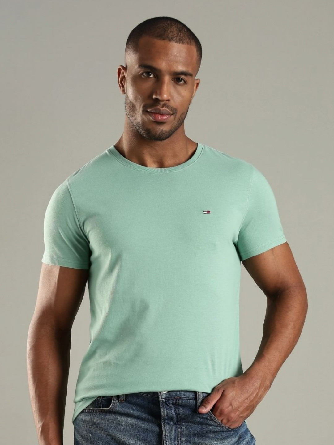 Tommy Hilfiger Brand Logo Round Neck Regular Sleeves Cotton Slim Fit T-shirt