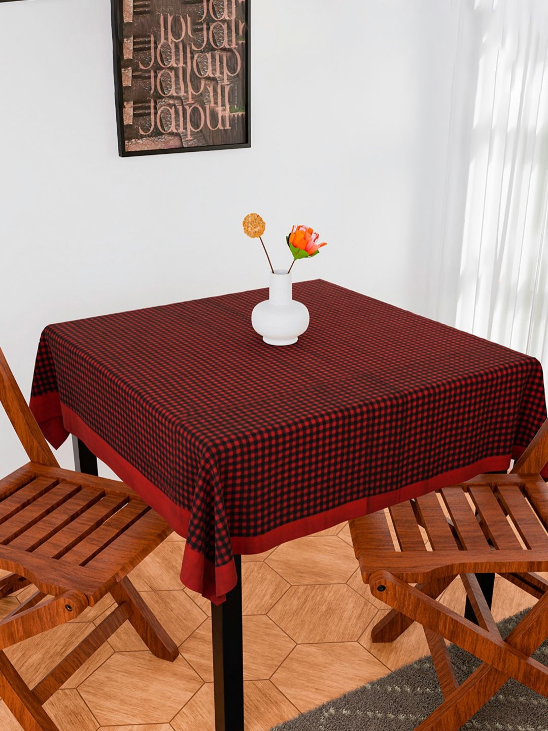 Aura Maroon & Black Barik Check Cotton Anti-Skid Rectangle 4  Seater Table Cover