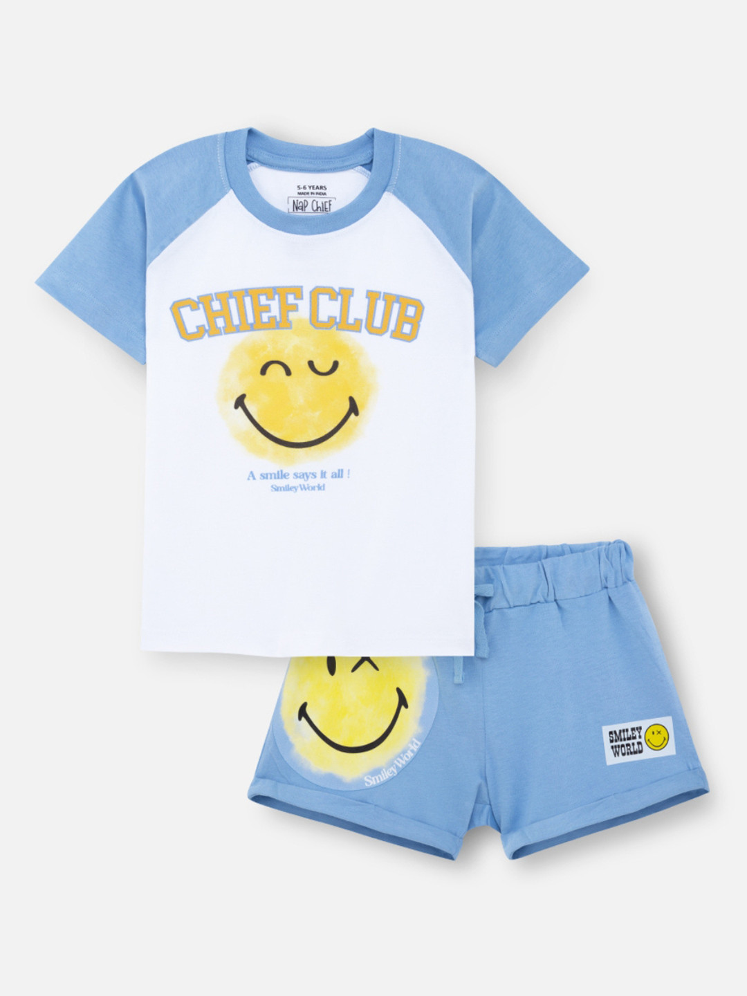 Nap Chief Girls Smileyworld Printed Pure Cotton Raglan T-shirt With Shorts