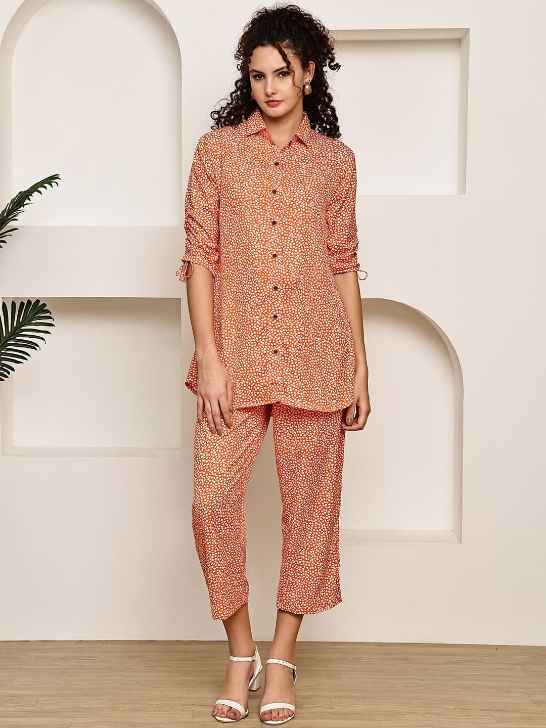 CORSICA Women Orange Leaves Printed Co-Ord Set