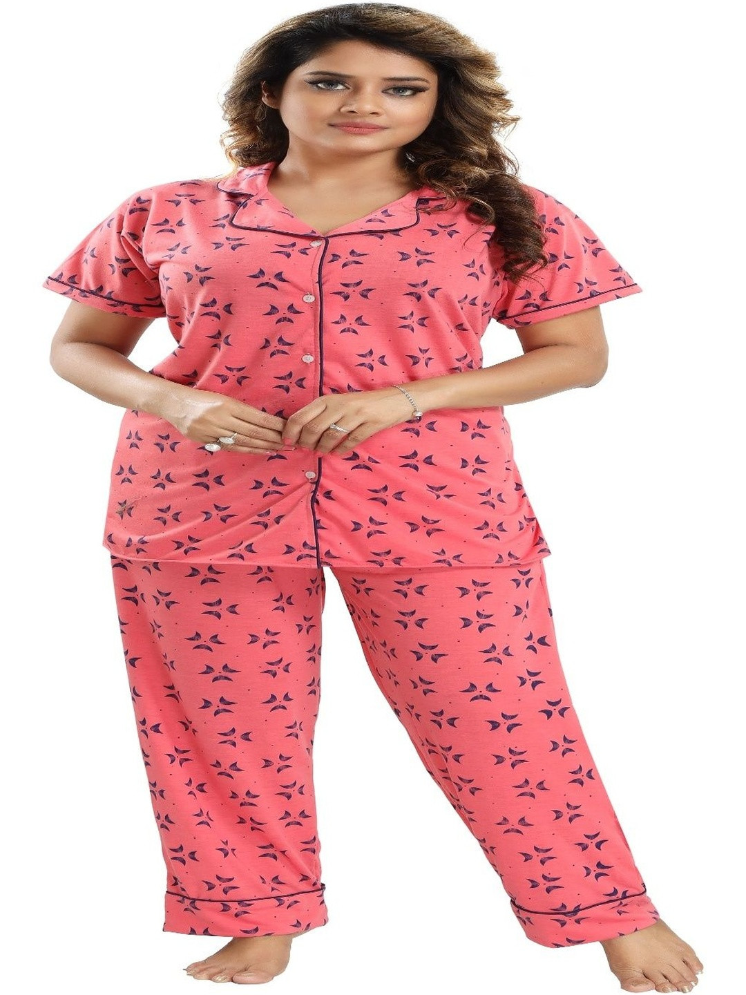Womenoire Women Pink Cotton Printed Night Suit Set of Top & Pyjama