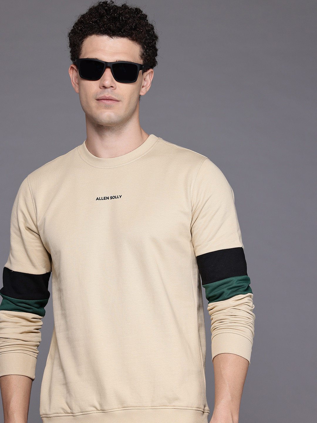 Allen Solly Brand Logo Printed Contrasting Striped Detail Sweatshirt with Inner Fleece