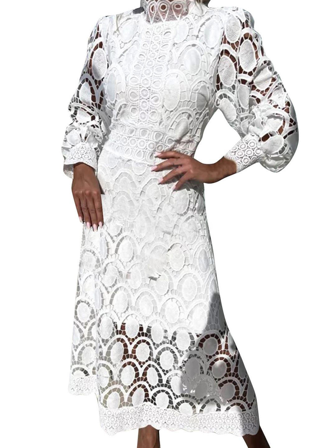 StyleCast Women Geometric Lace-Up Mock Neck Cuffed Sleeves Fit & Flare Midi Dress