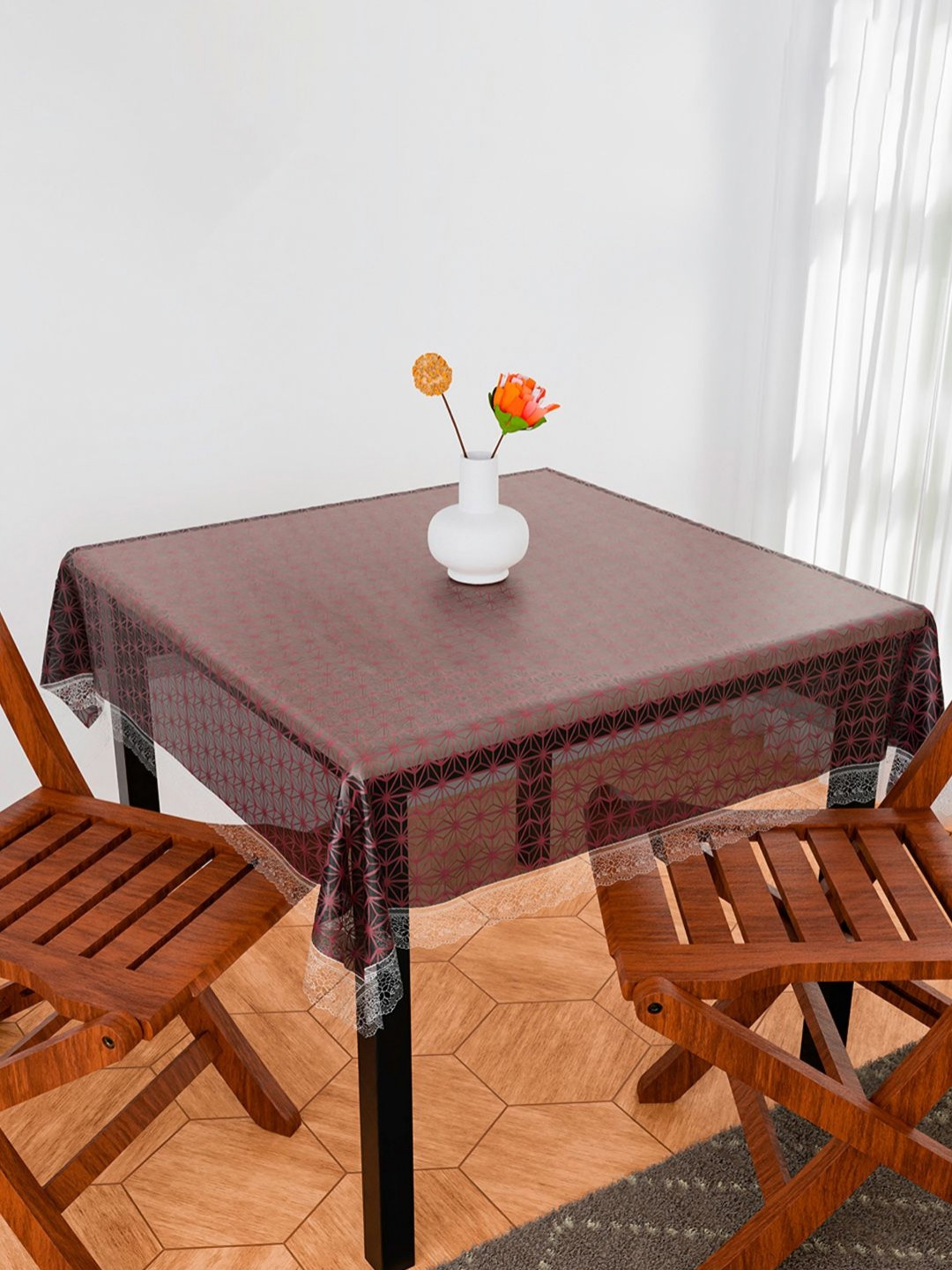 Aura Brown & White Self Star Anti-Skid Rectangle 4 Seater Table Cover