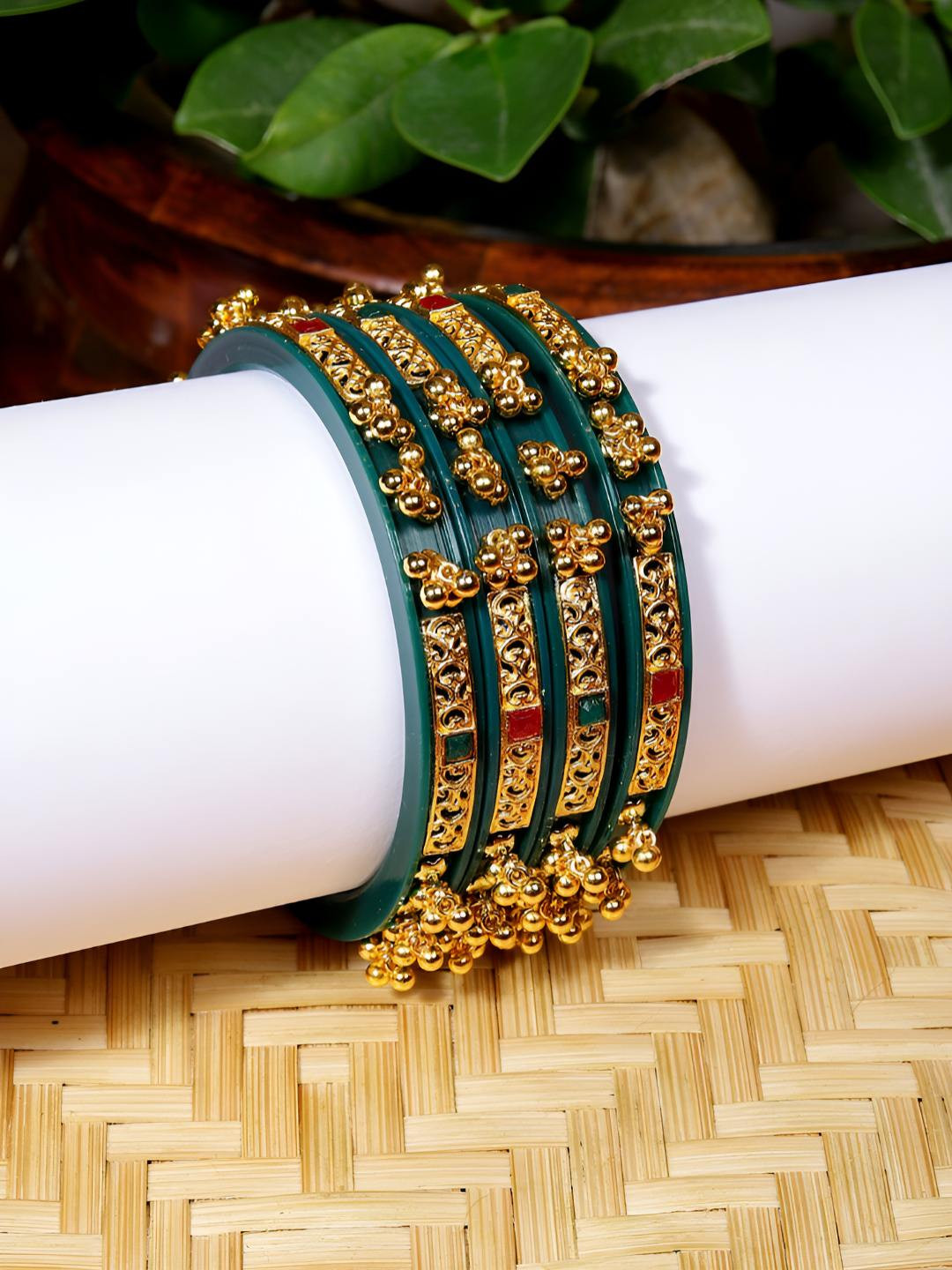 FIROZA Set of 4 Gold-Plated Stones Studded And Ghungroo Beaded Vatika Vilas Bangles