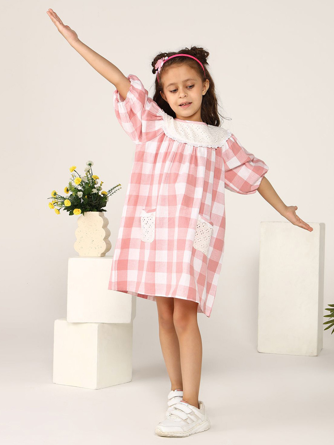 Miyo Girls Checked Puff Sleeve Schiffli Cotton A-Line Dress