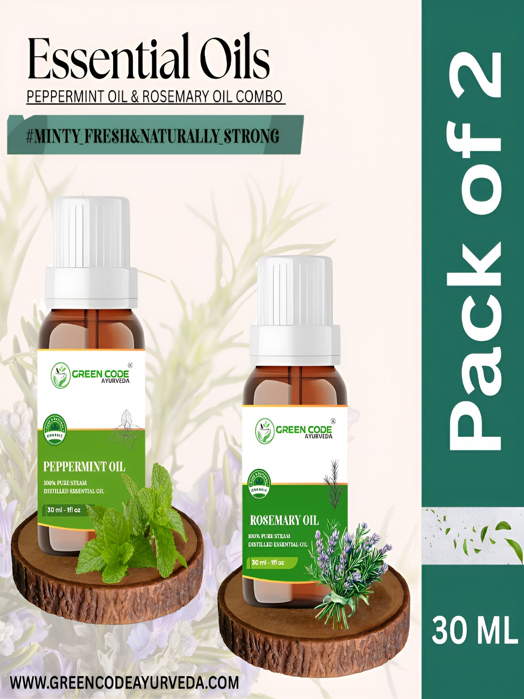 GREEN CODE AYURVEDA  Set Of 2 100% Pure Peppermint & Rosemary Essential Oils - 30 ml Each