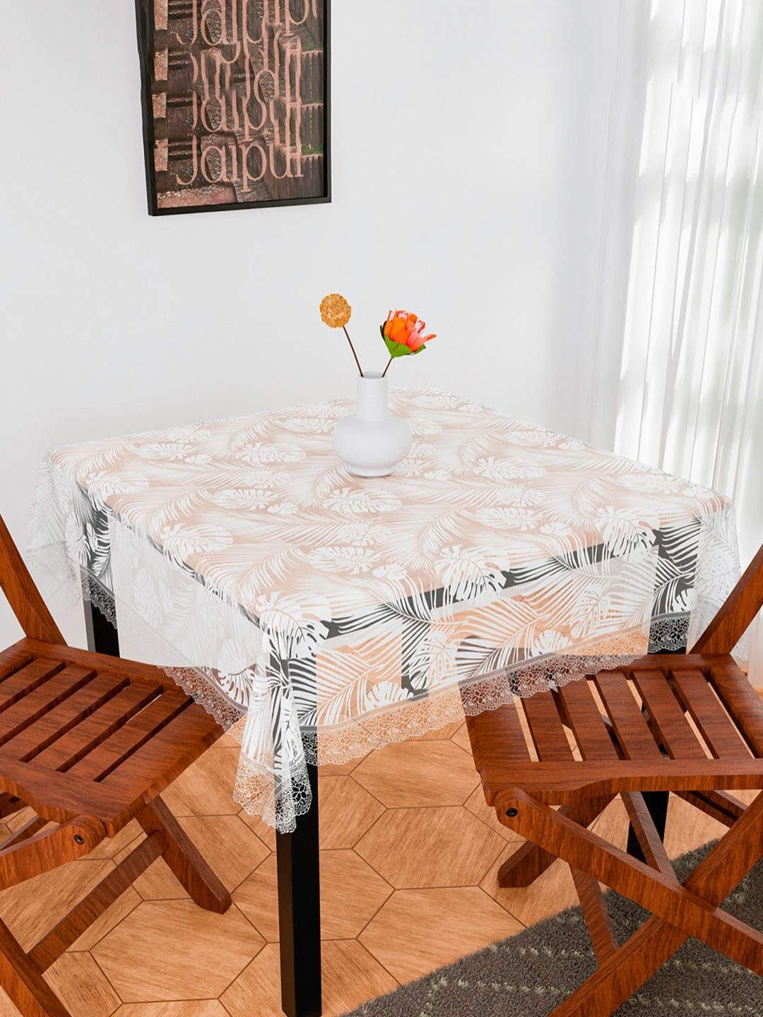 Aura White & Transparent Floral Textured Anti-Skid 4-Seater Table Cover