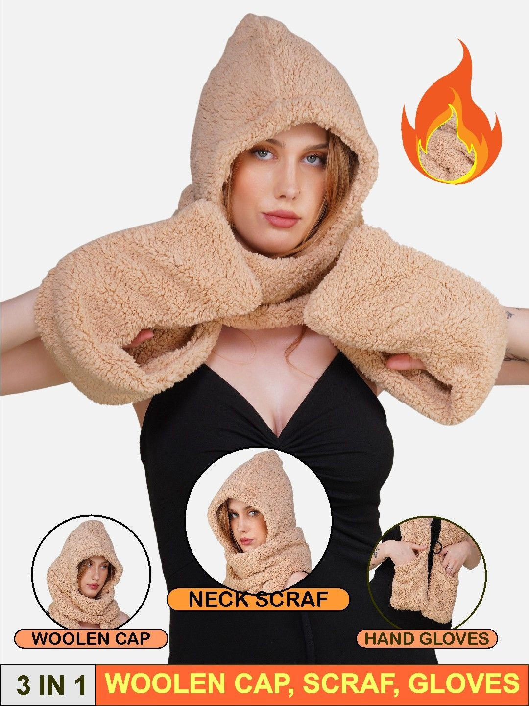 TOMKOT Women Woollen Scarf With Cap & Glove