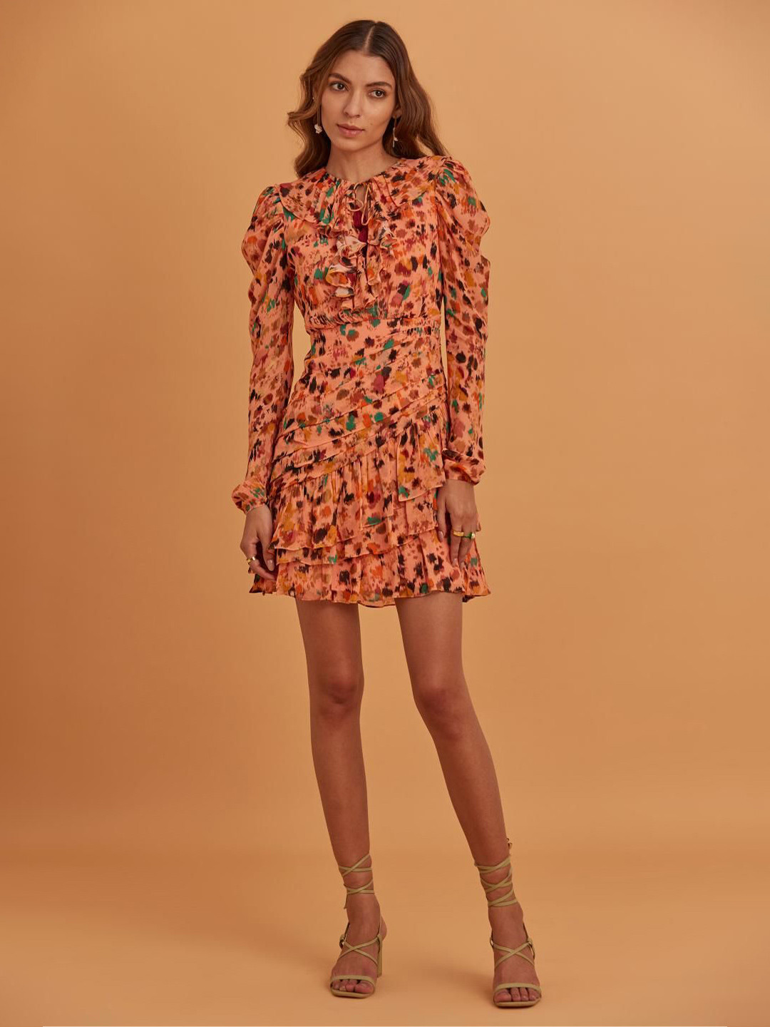 VERB BY PALLAVI SINGHEE Women Abstract Printed Tie-Up Neck Fit and Flare Mini Dress