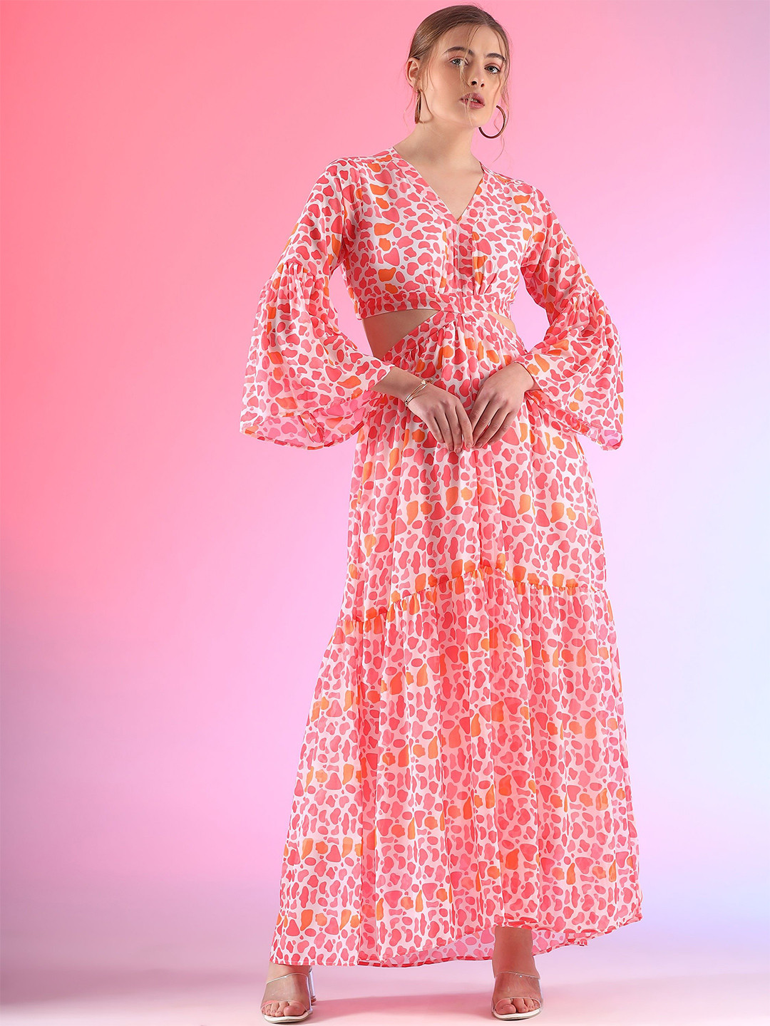 Honky Tonky Women Abstract Printed Bell Sleeves Cut Out Fit & Flare Maxi Dress