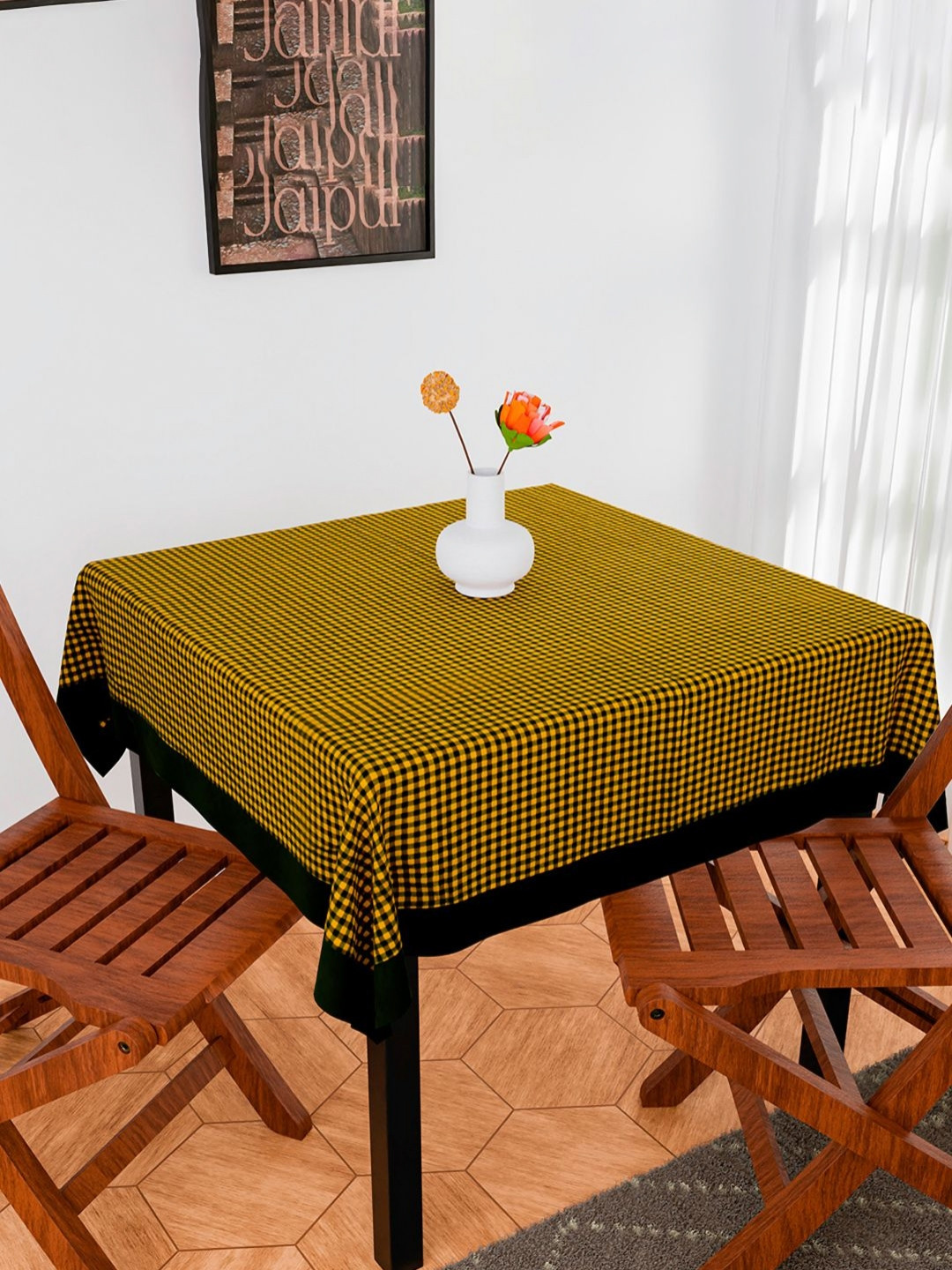 Aura Yellow & Black Barik Check Cotton Anti-Skid Rectangle 4 Seater Table Cover