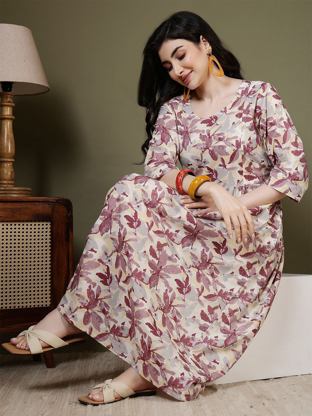 KEIYONA Women Cotton Abstract Print Fit & Flare Midi Dress