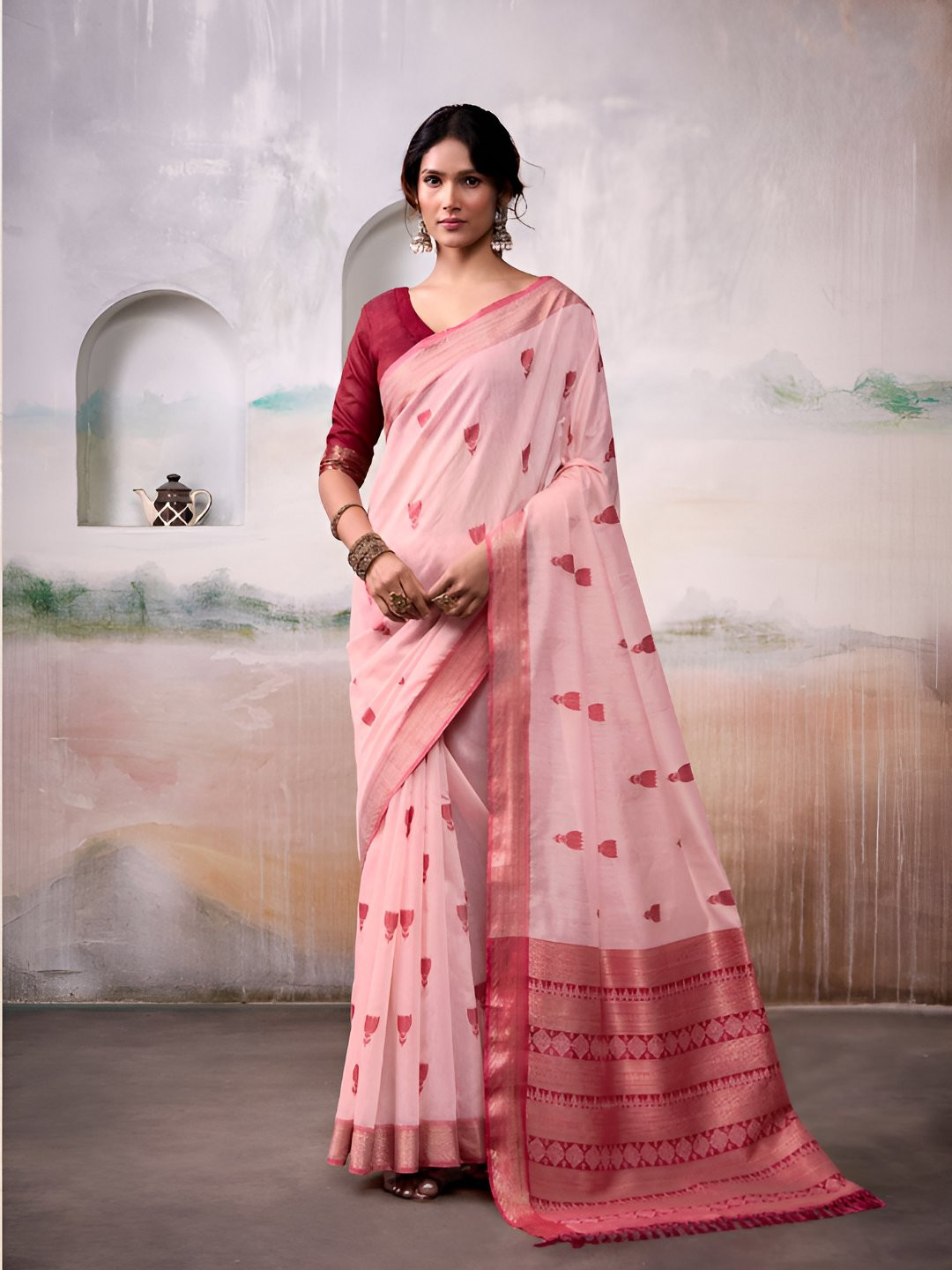 PEENGAX  Woman Ethnic Motifs Zari Pure Cotton Handloom Tussar Saree