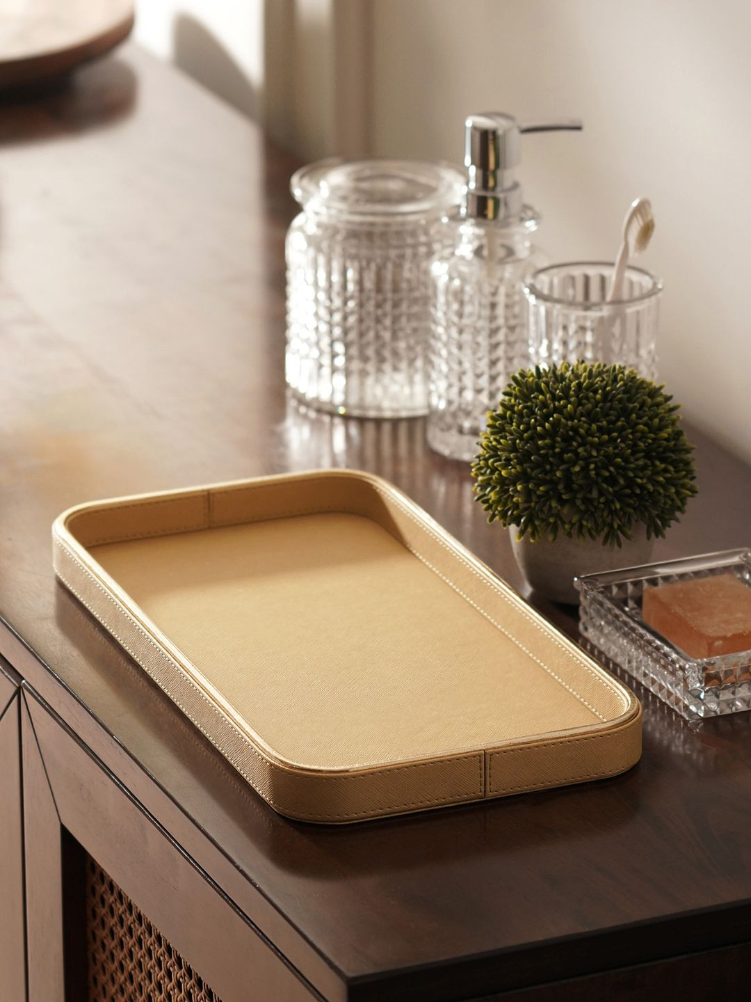 Pure Home and Living Gold-Toned Faux Leather Round Edge Rectangular Food Platter