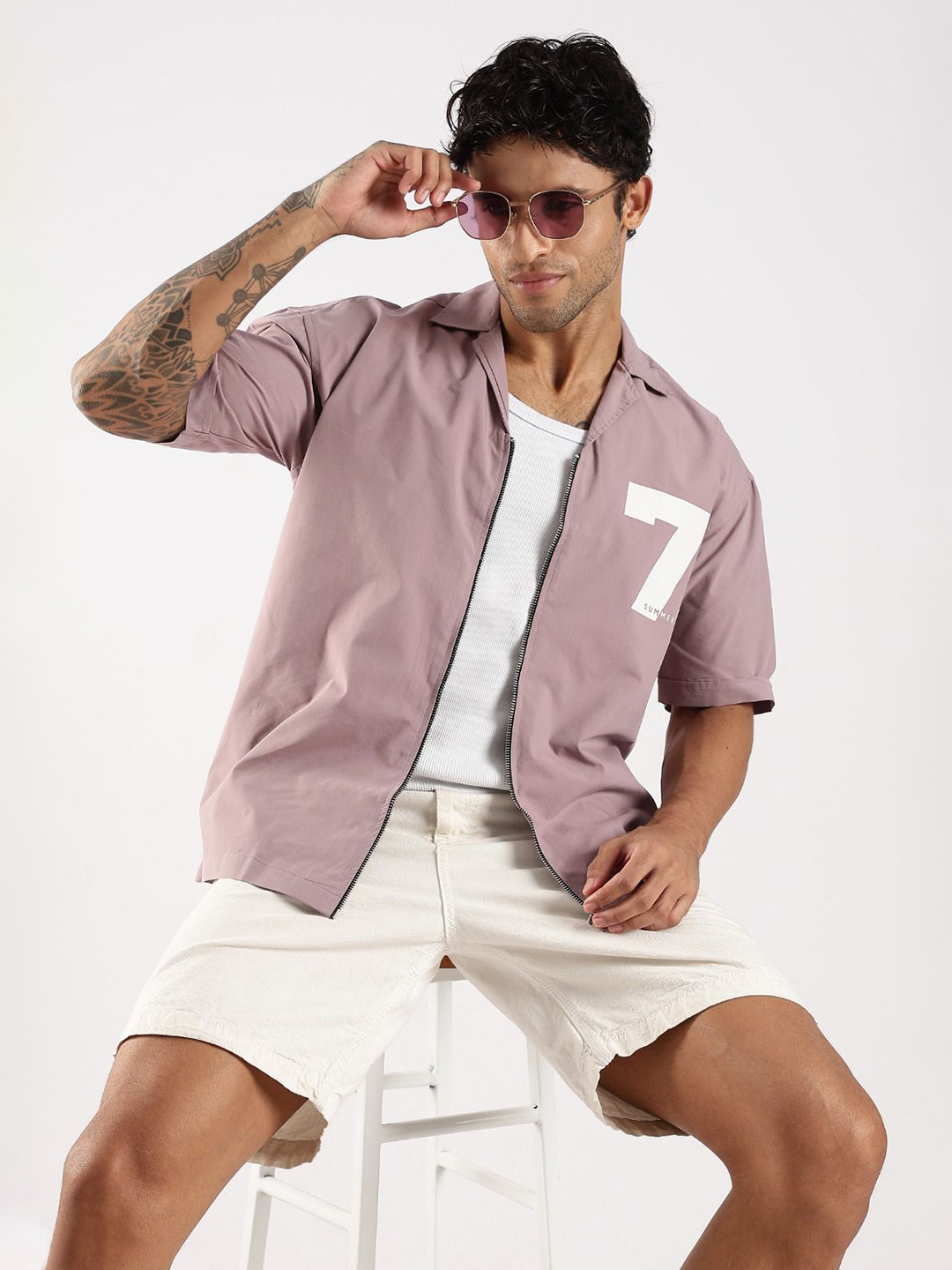 Blu MNKY Men Typography Print Classic Slim Fit Casual Zip-Up Shirt