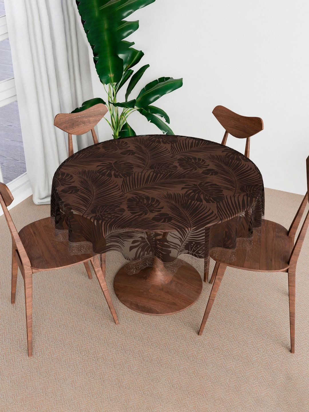 Aura Brown 3D Leaf Design Anti-Skid Round 4 Seater Table Cover