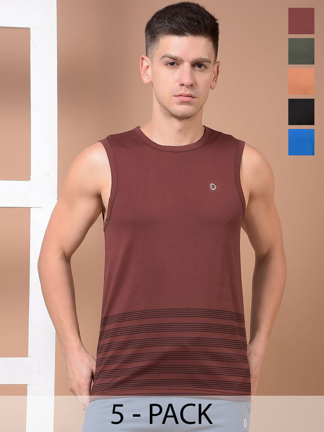 Dollar Pack Of 5 Round Neck Tank Vest AMTT-106-PO5-IMBLU-RMRS-BLK-BRN-CMLVY