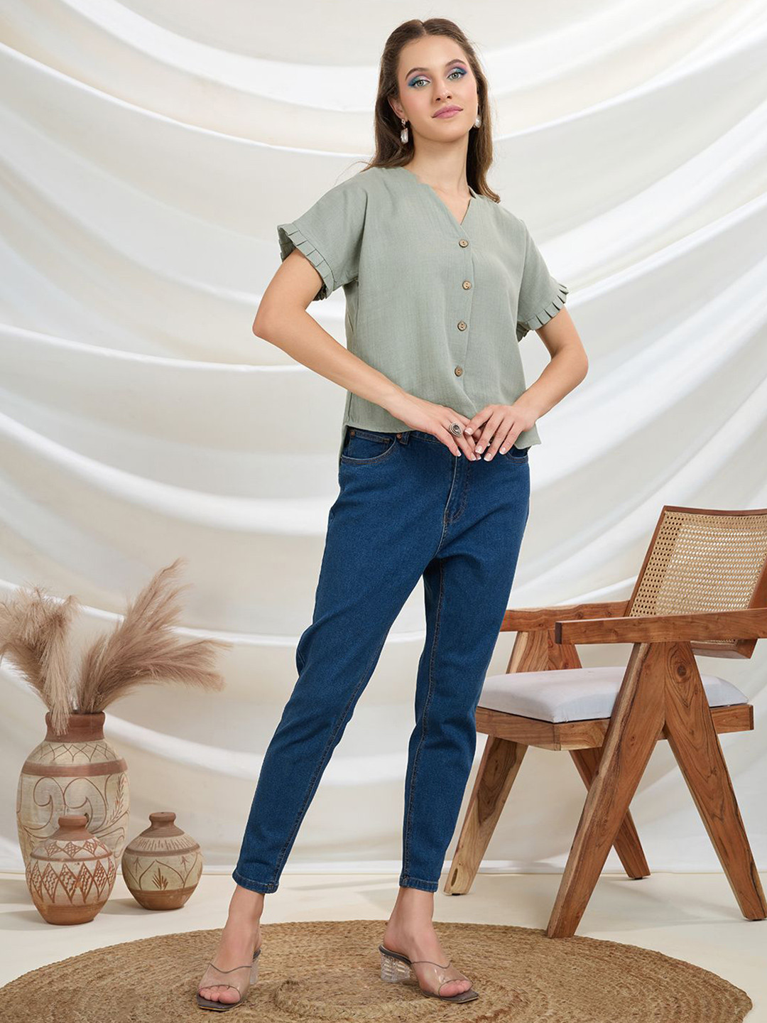 Dot Shine Women V-Neck Shirt Style Top