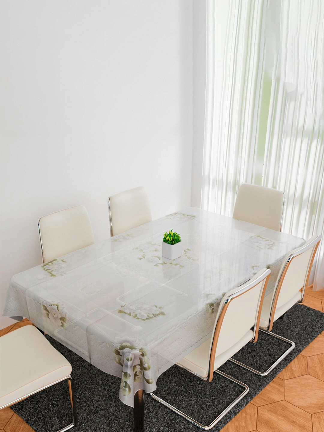 Aura White & Green Flower Almond Anti-Skid Rectangle 6 Seater Table Cover