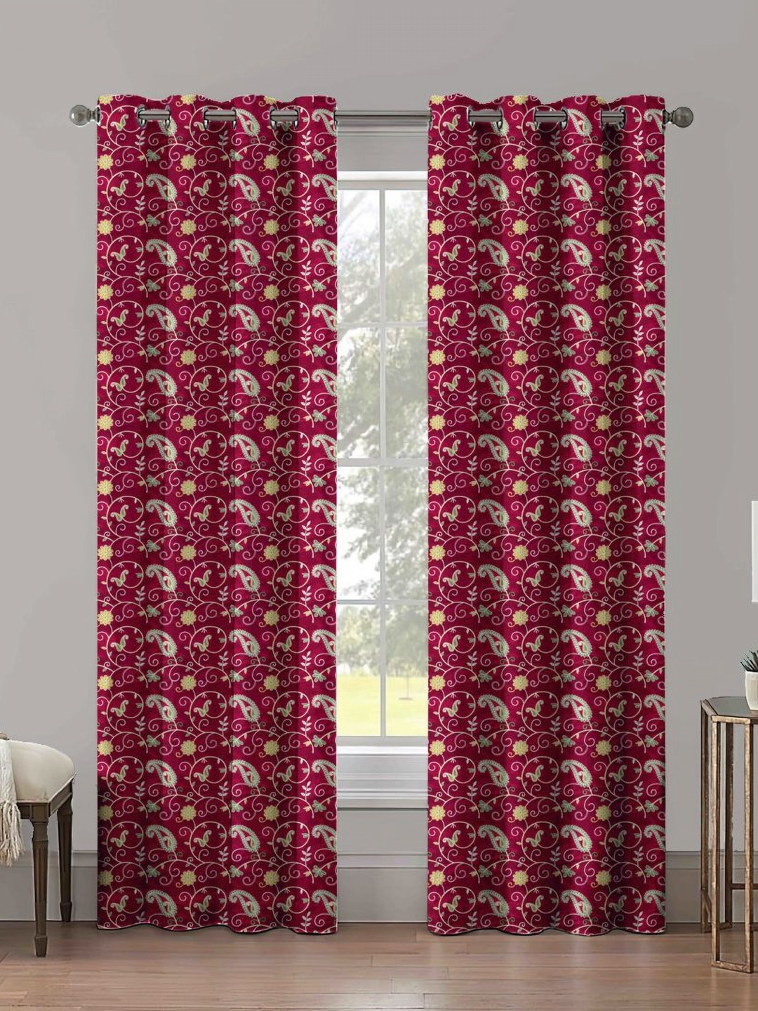 Aura Maroon & Green 2 Pieces Printed Velvet Long Door Curtains