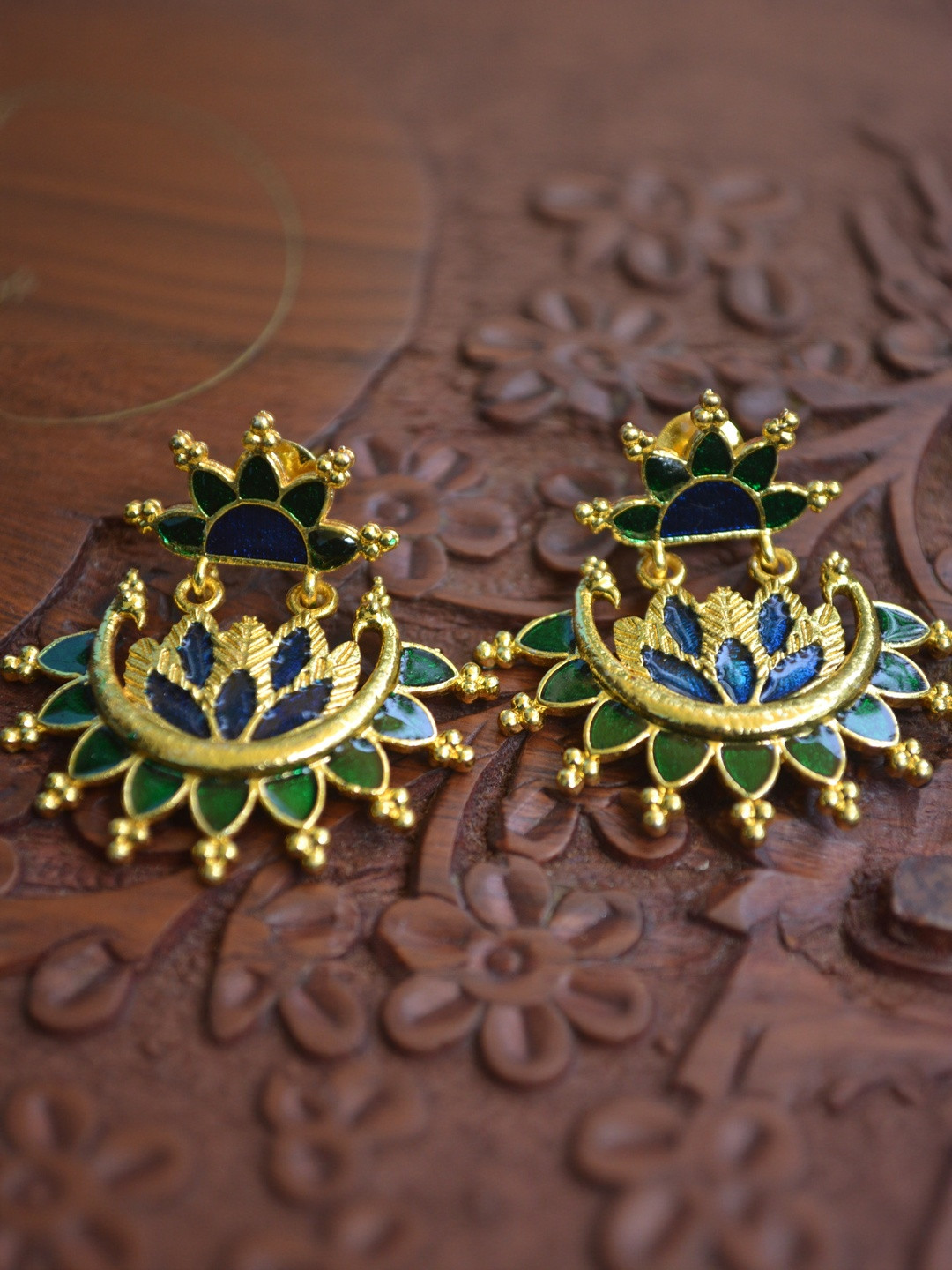 SHREEVARAM Women Floral Meenakari Handcrafted Gold Plated Dangler Stud Earrings