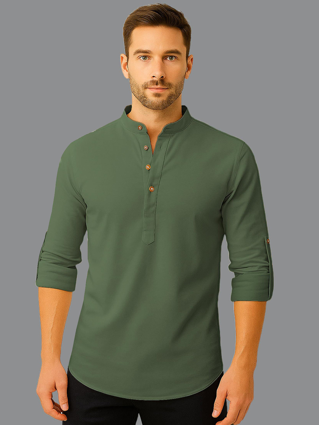 KNOWTED Mandarin Collar Roll-Up Sleeves Pure Cotton Kurta