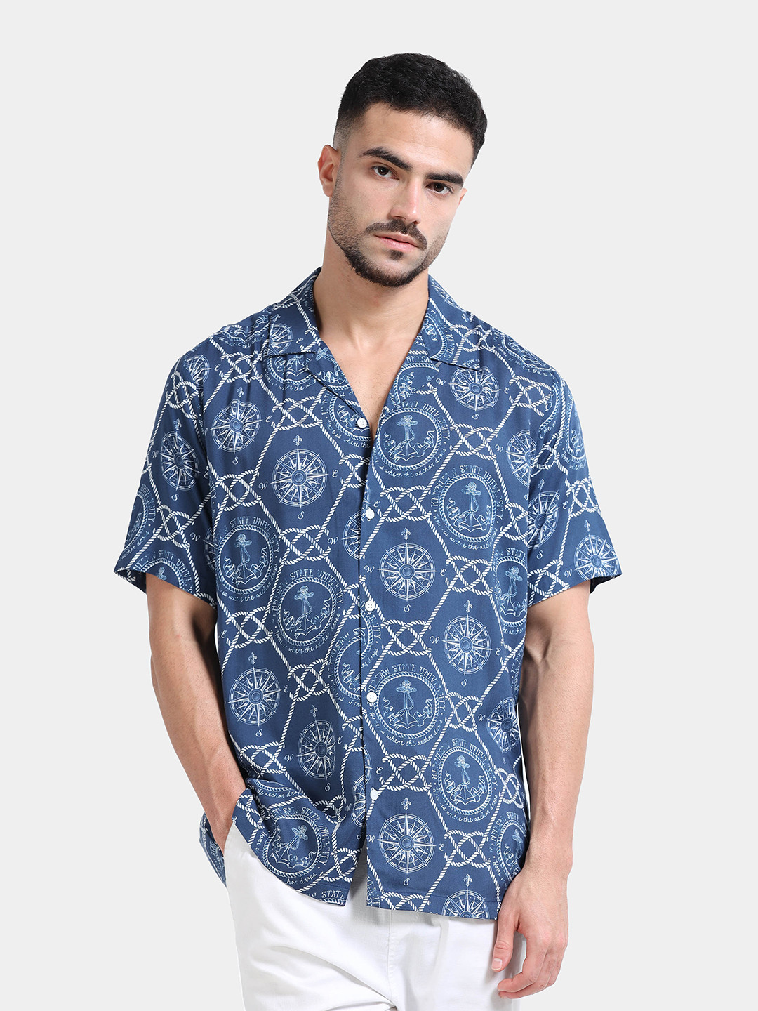 StitchX Men's Short Sleeve Maritime Nautical Printed Relaxed Fit Shirt