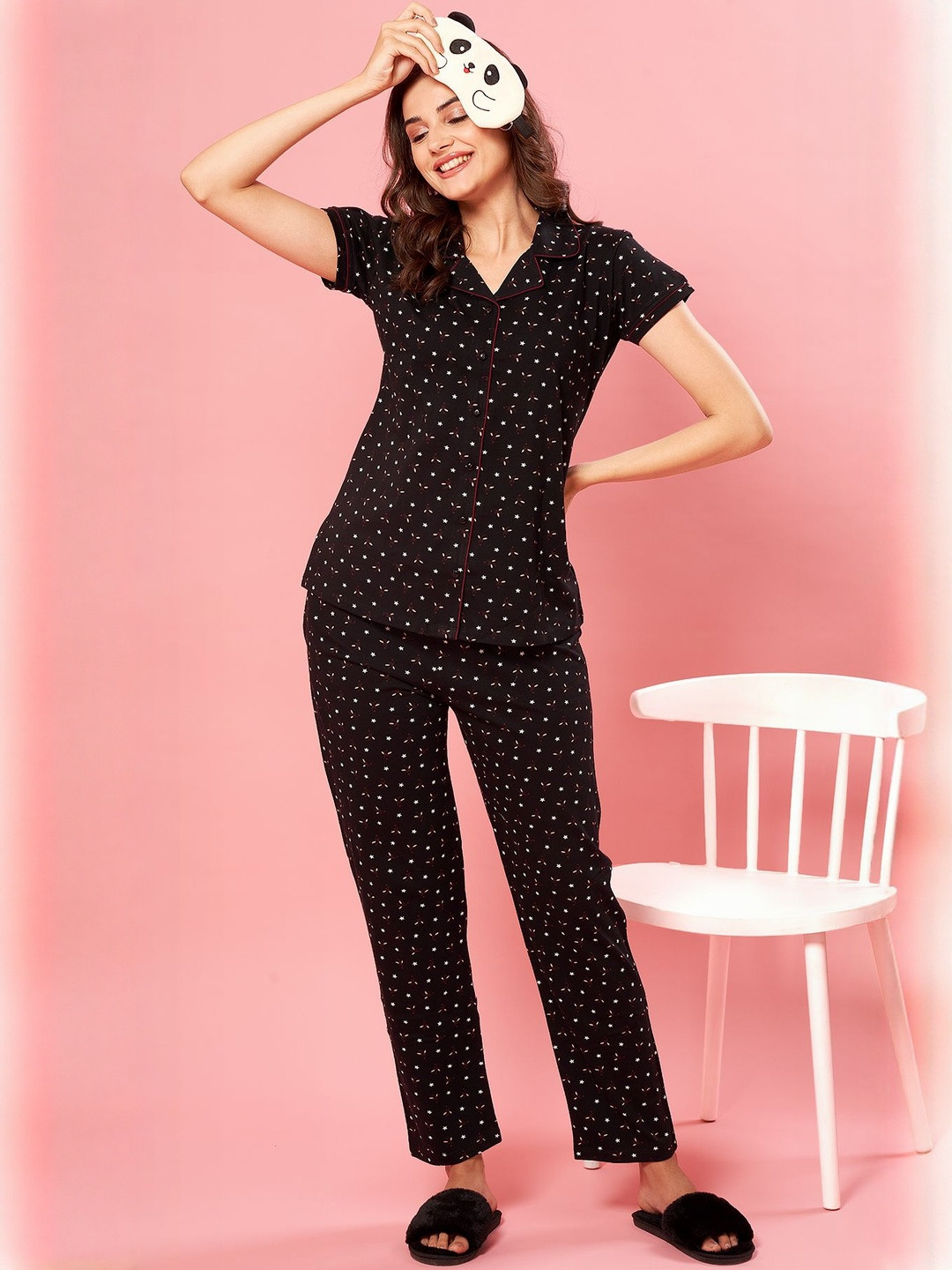 QUIRA Women's Floral Printed Regular Fit T-Shirt Top & Pajama Set