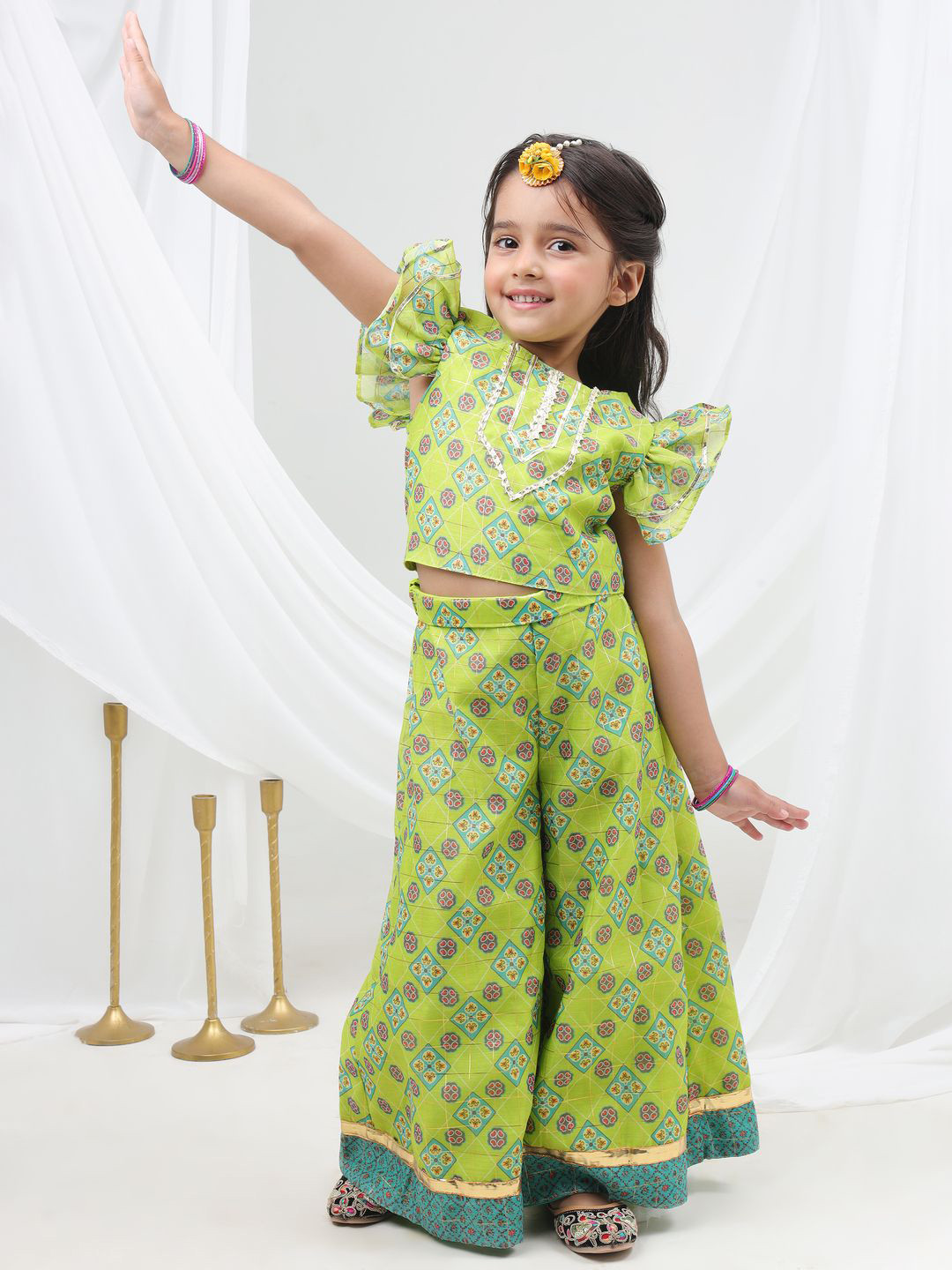 LIL DRAMA Girls Printed Short Sleeves Top With Palazzos