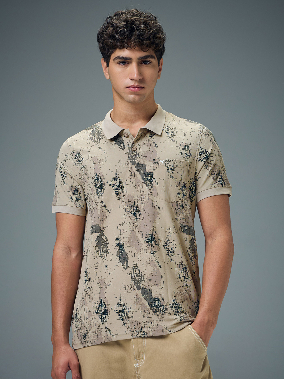 Technosport Men Printed Polo Collar Anti Static Slim Fit T-shirt