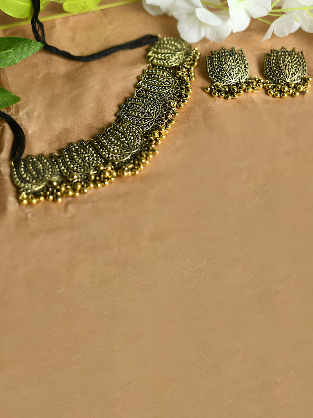 JOHARKAMAL Gold-Plated Ghungroo Beaded Oxidised Lotus Choker Necklace With Earrings