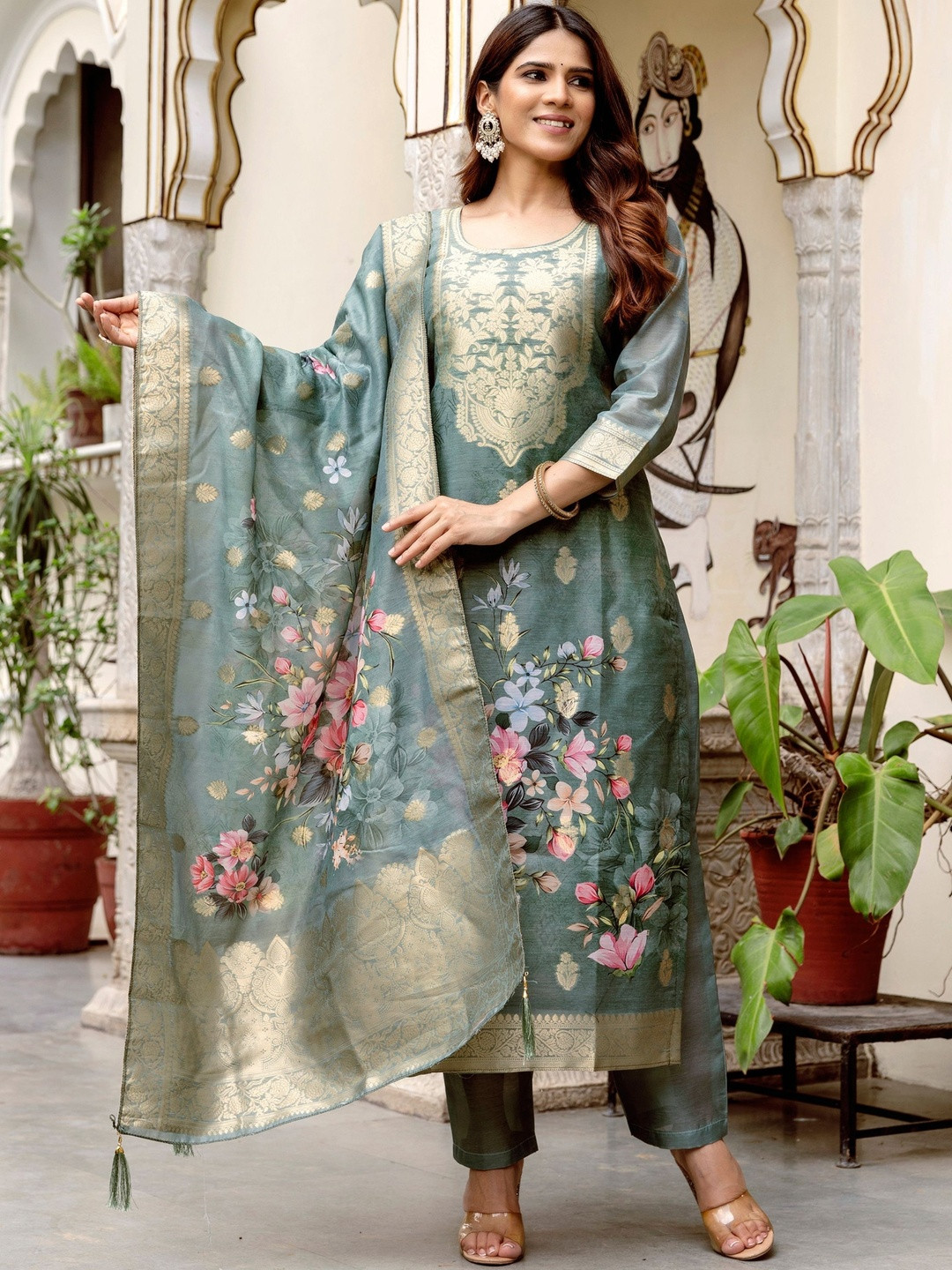 KALINI Women Silk Floral Print Kurta with Trousers & Dupatta