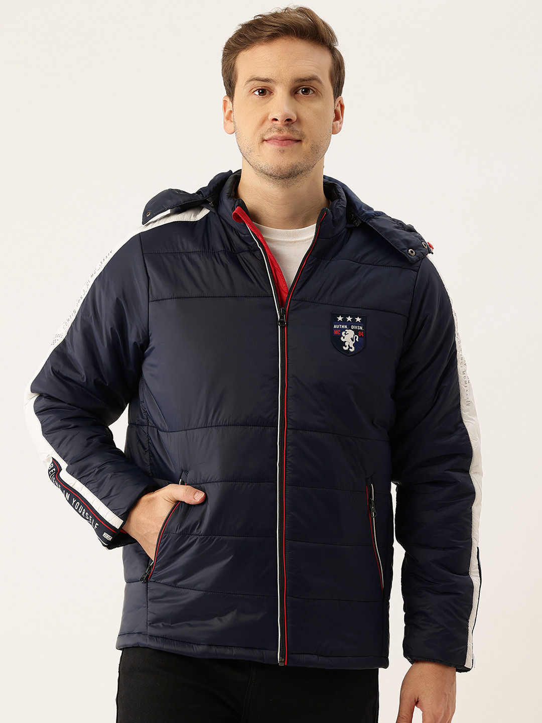 Monte Carlo Hooded Patchwork Detail Padded Jacket with Contrasting Stripes