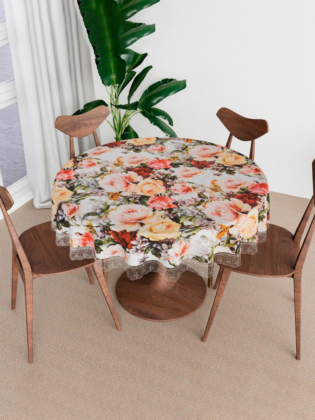 Aura White & Pink Rose Design Anti-Skid Round 4 Seater Table Cover