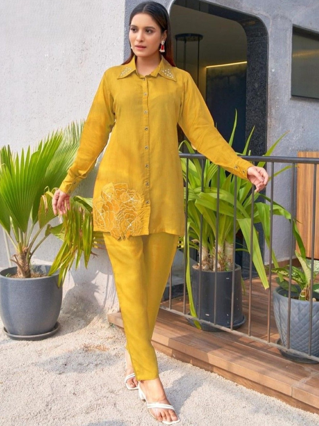 AUTUMN LANE Divya Sunshine Embroidered Long Sleeves Shirt With Trousers Co-Ords